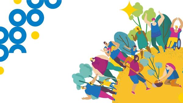 Volunteers with and without disabilities planting trees