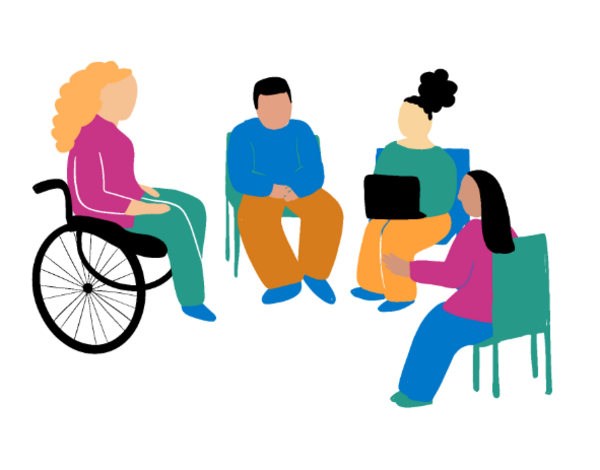 A drawing portraying a small group of people sitting in a circle while having a discussion